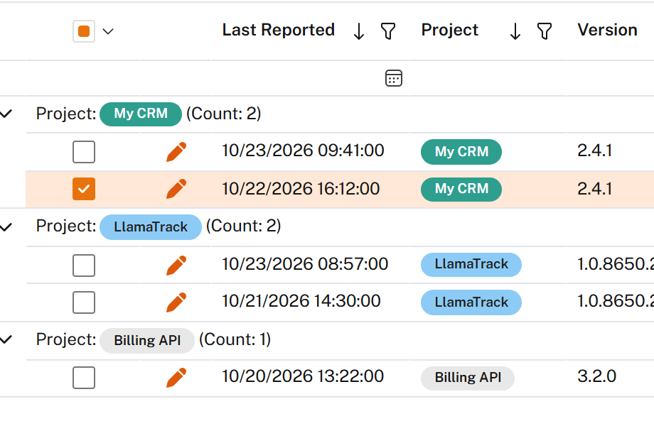 Log entries grouped by project